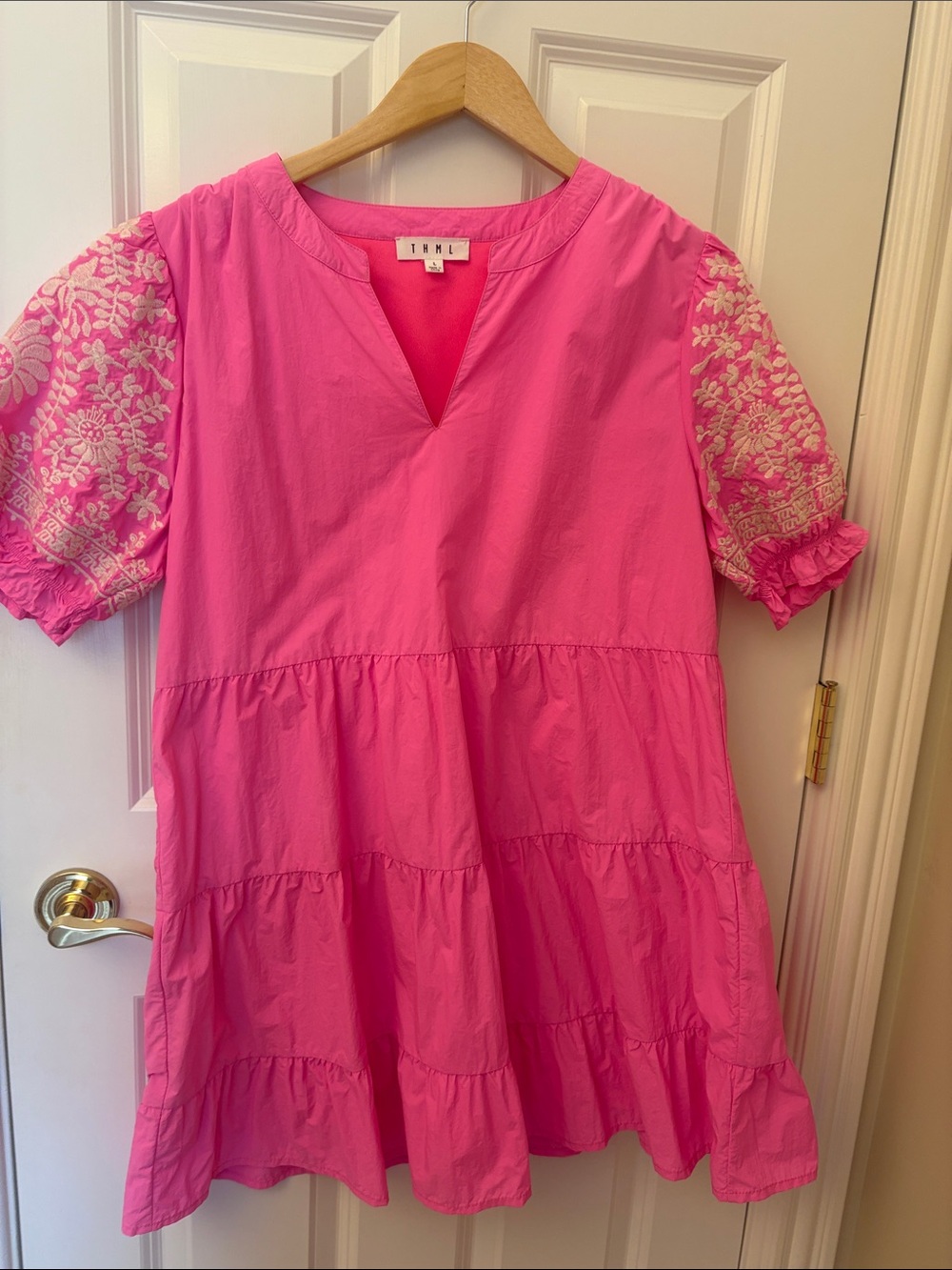 THML Hot Pink Tiered Swing Dress with Cream Embroidered Puff Sleeves